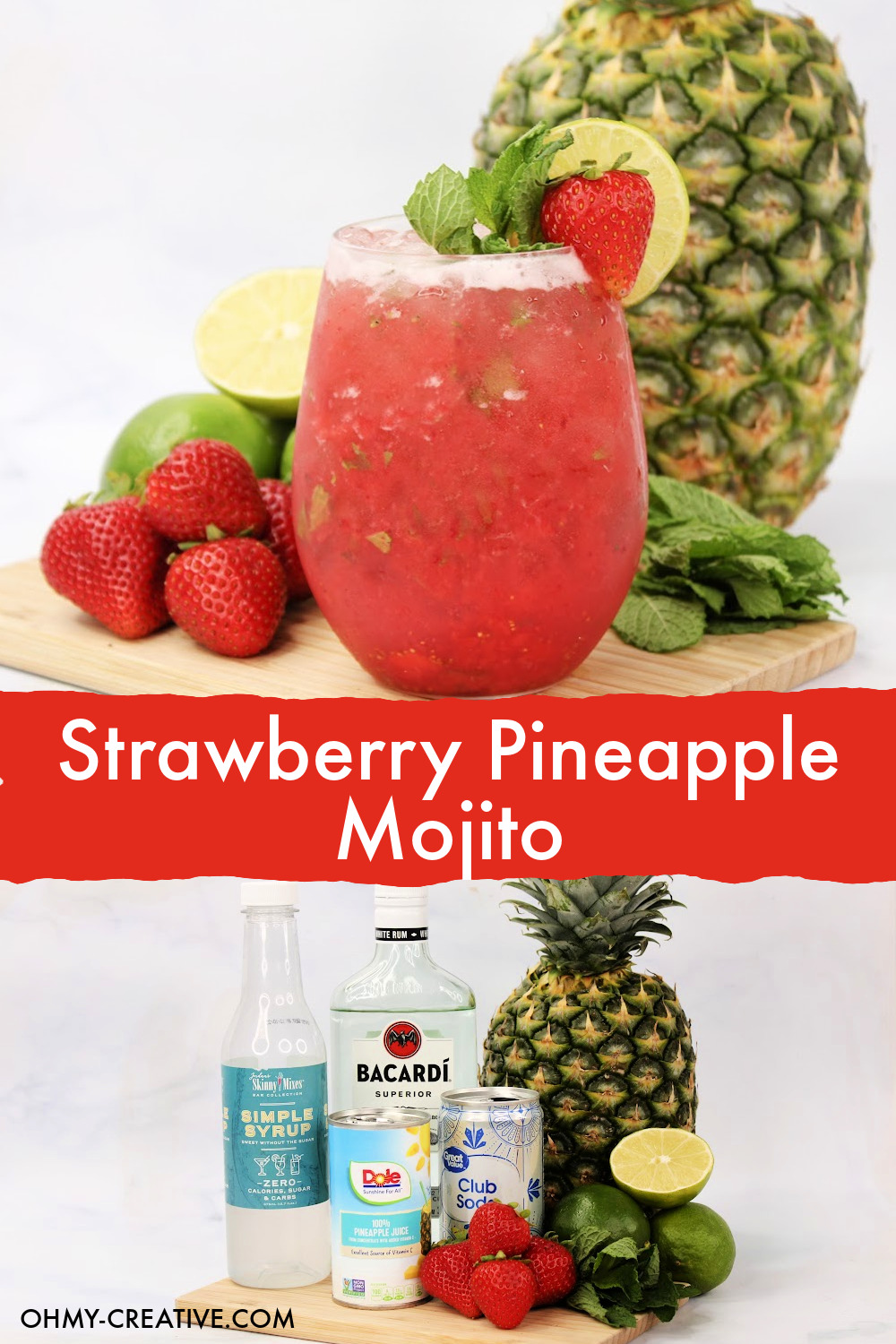 This Strawberry Pineapple Mojito cocktail is garnished with strawberry and mint. It is sitting on a wooden cutting board surrounded by strawberries, limes and a whole pineapple. A second photo shows the mojito ingredients.