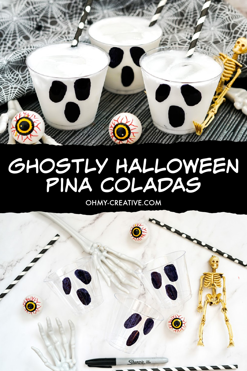 These ghost Halloween pina coladas are sitting on a black and white striped background with a spider web print in the background. Plastic eye balls and skeleton hands make this a spooky Halloween drink!