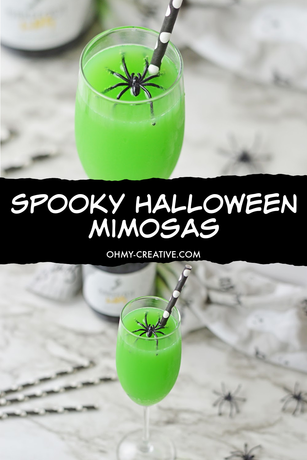 These spooky Halloween Mimosas are displayed on a black and gray marble background with creepy spiders and black and white straws in the background.