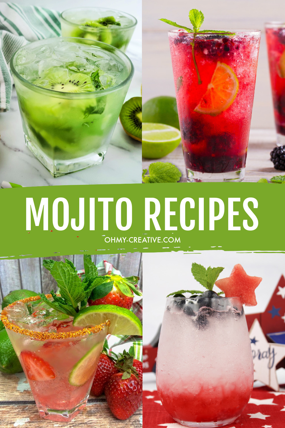A collage of mojito recipes including recipes for a classic mojito, tequila mojito and a variety of fruit mojitos!