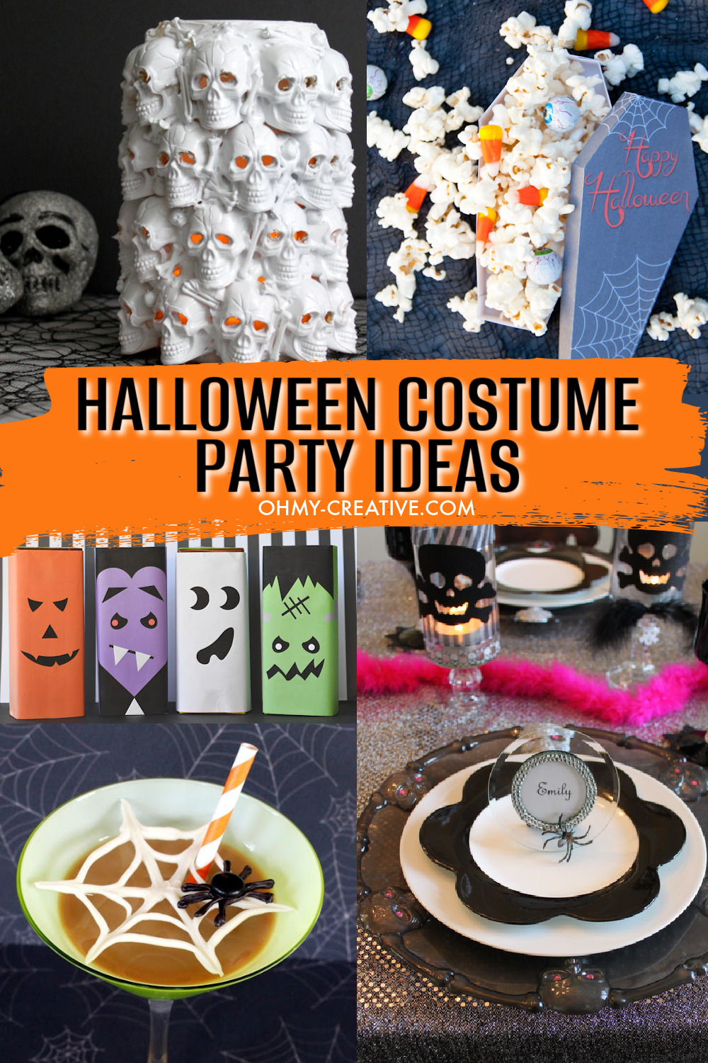 This adult Halloween Costume party ideas collage has spider web martini, a DIY spooky skull lantern, a printable coffin box filled filled with popcorn and candy, a Halloween place setting and printable juice box covers. 
