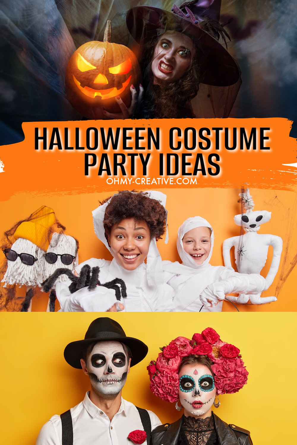 Great Halloween Costume party ideas - in this collage is a spooky witch holding a pumpkin, a women and boy dressed up as mummies and a couple in Day of the Dead costumes. 