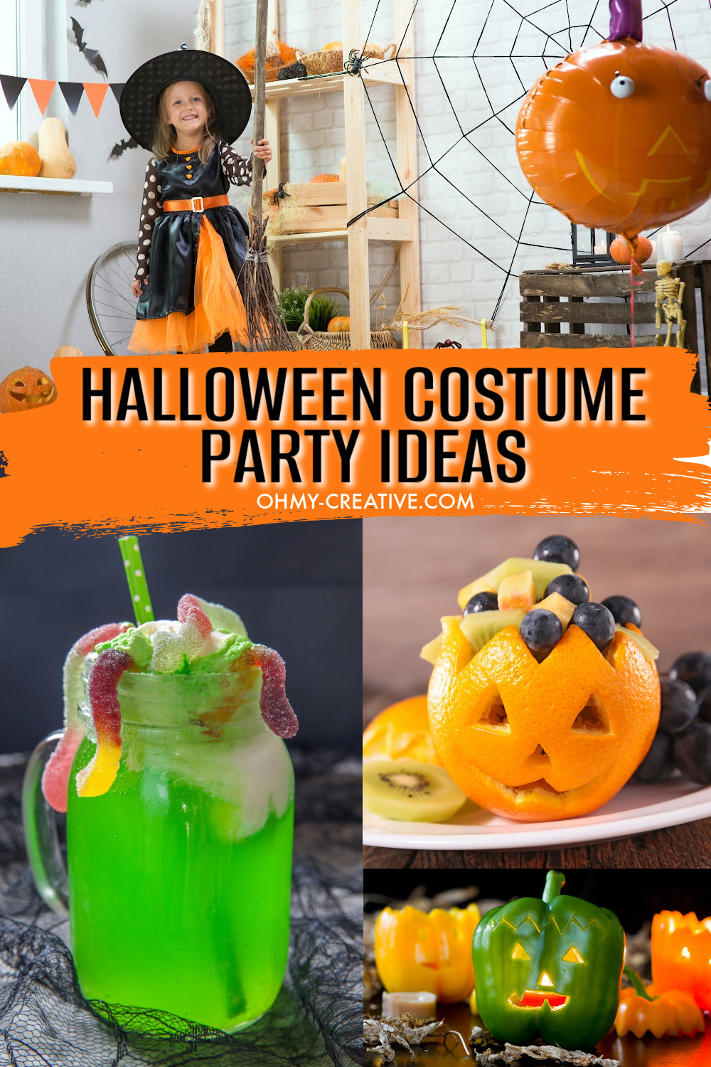 A collage of Kids Halloween costume party ideas including a girl dressed as a witch with Halloween decorations, a green drink with gummy worms, an orange turned into a pumpkin and pumpkin green peppers.