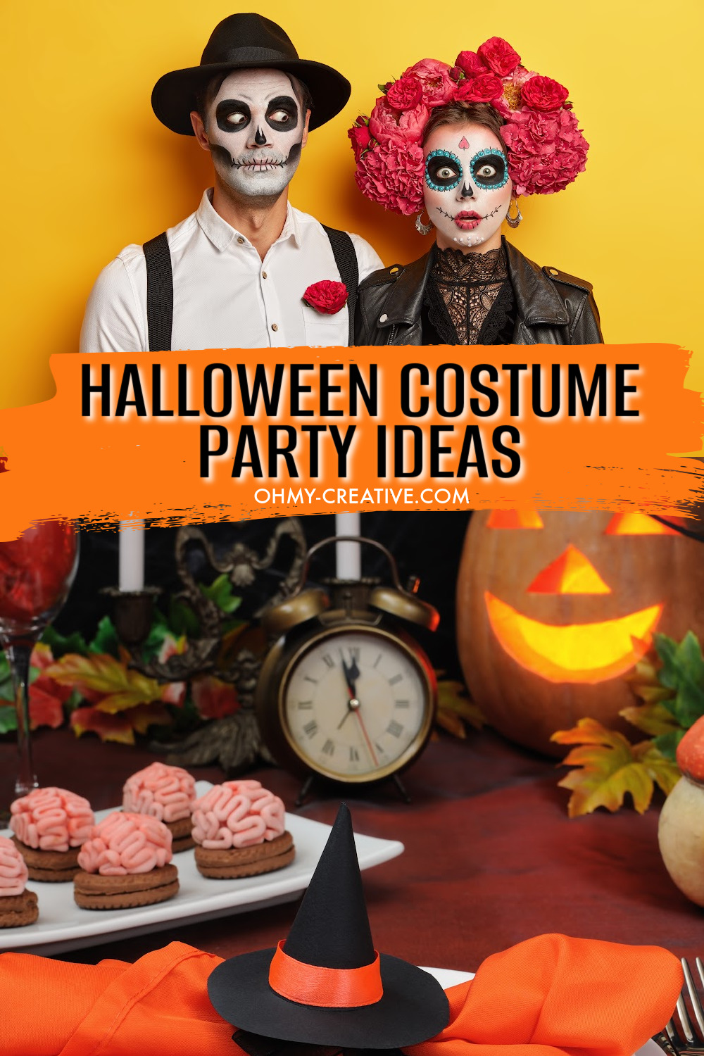 Halloween costume party ideas including a couple dressed in Day of the Dead costumes and a Halloween party food table decorated with pumpkins and witches hat including brain cupcakes.