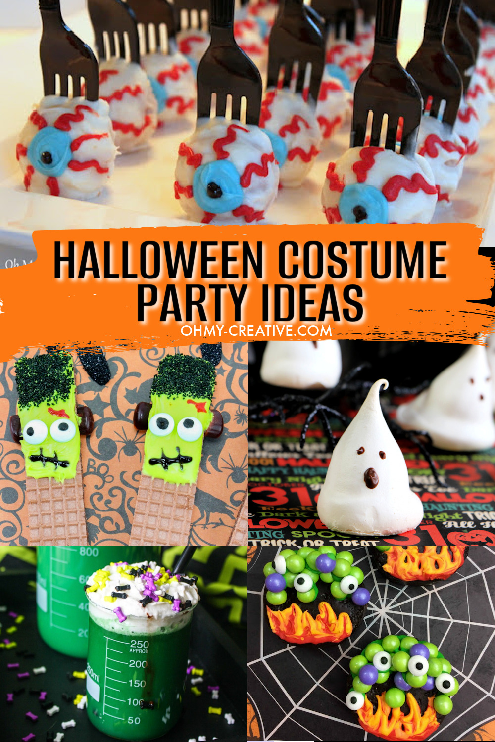 These Halloween Costume party ideas and Halloween desserts are spooky good fun! Included in this collage are eyeball cake pops, Frankenstein cookies, meringue ghosts, science beaker Halloween drink and cauldron cookies!