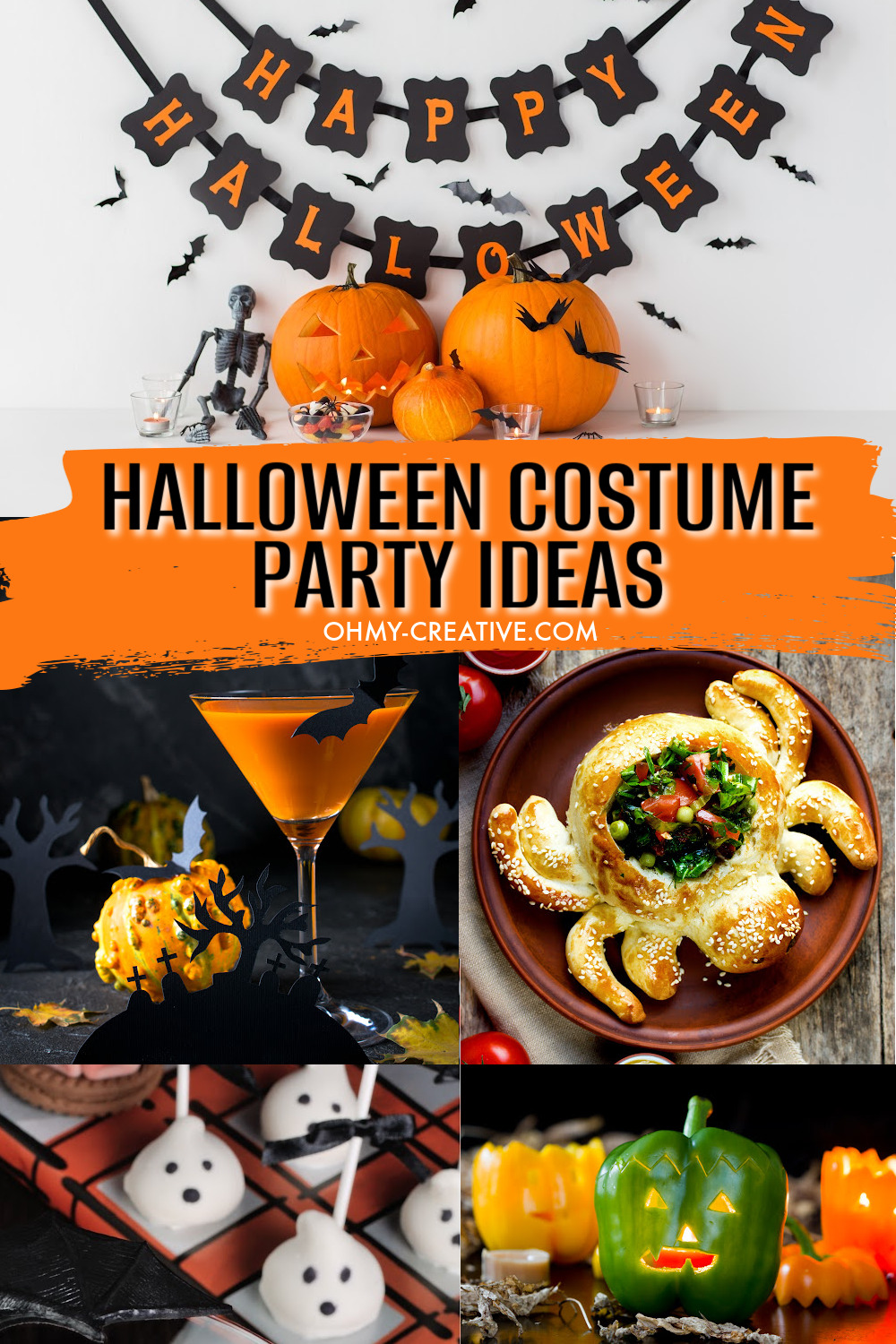 A collage of Halloween costume party ideas including a Halloween banner, Halloween martini, spooky ghost cake pops, spider bread bowl with dip appetizer and glowing green pepper pumpkins.