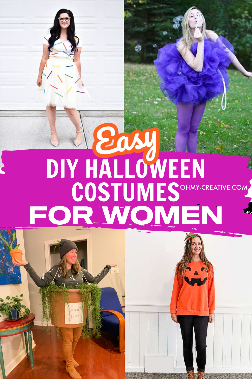 These DIY costumes for women include a sprinkle costume, a bath poof costume, a DIY plant costume and a simple women's pumpkin costume. Have fun creating something that is perfect for you!