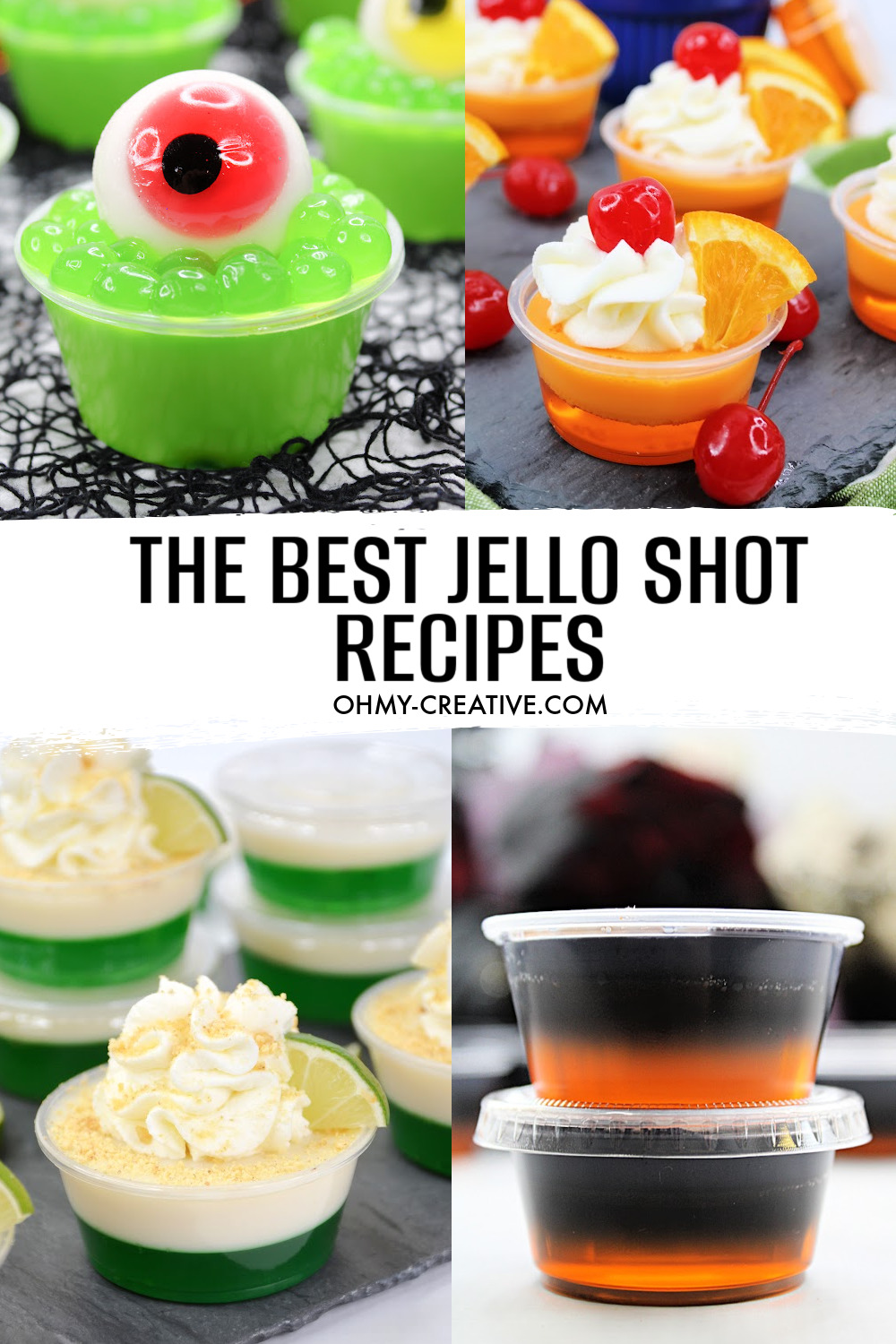 A collage of the best jello shot recipes including Halloween jello shots, orange jello shots and key lim pie jello shots.