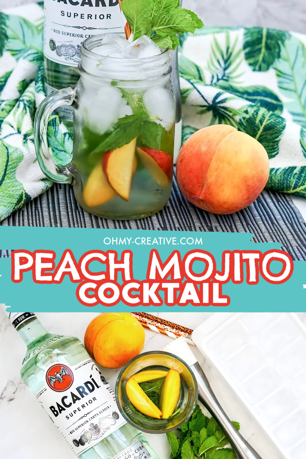 peach mojito cocktail surrounded by fresh peaches served in a mason jar. A second photo shares the peach mojito ingredients.