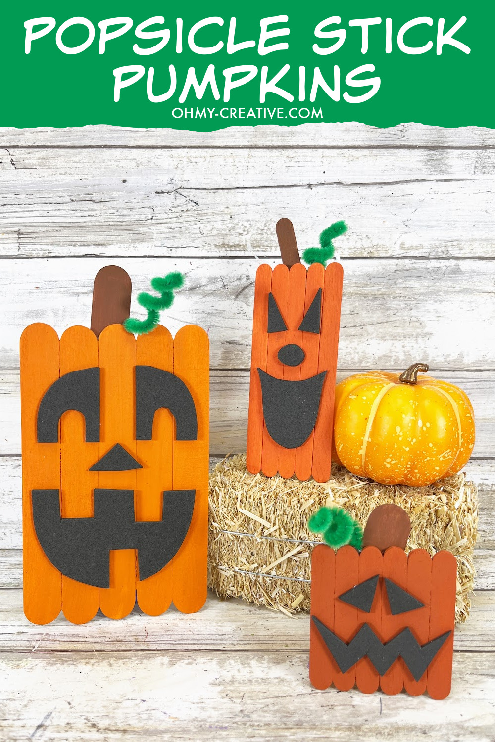 A popsicle stick pumpkin craft - 3 jack-o-lanterns made out of craft sticks.