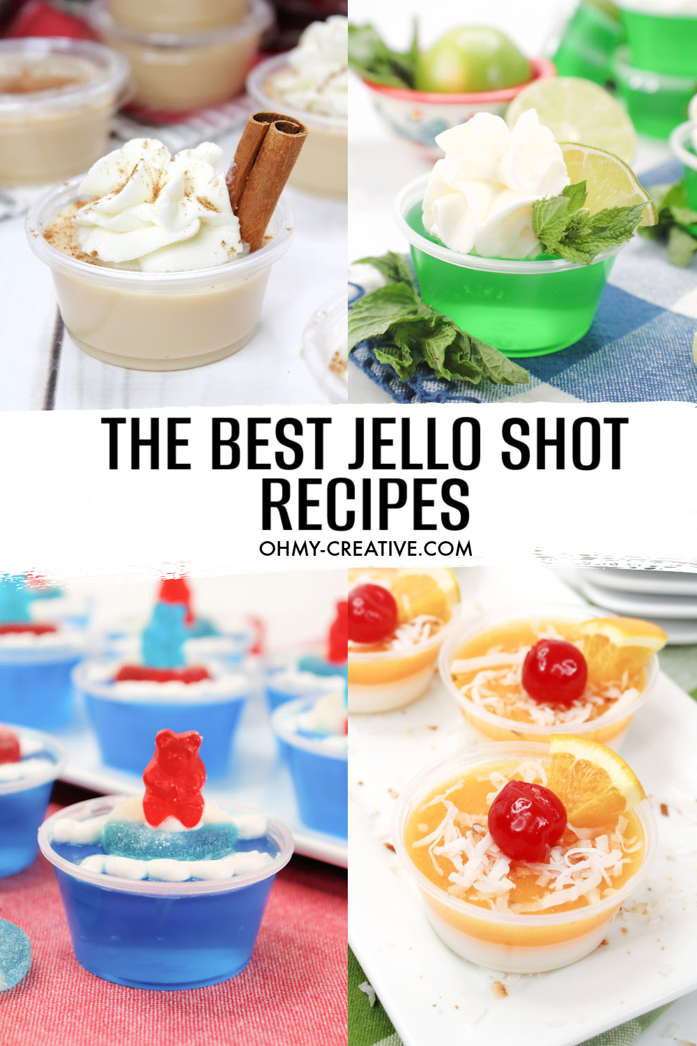 A collage of the best jello shot recipes including beach jello shots, pina colada jello shots, mojito jello shots, eggnog jello shots.