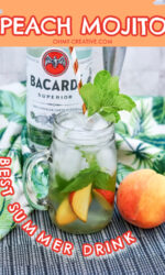 peach mojito cocktail surrounded by fresh peaches served in a mason jar and a bottle of bacardi rum in the background.