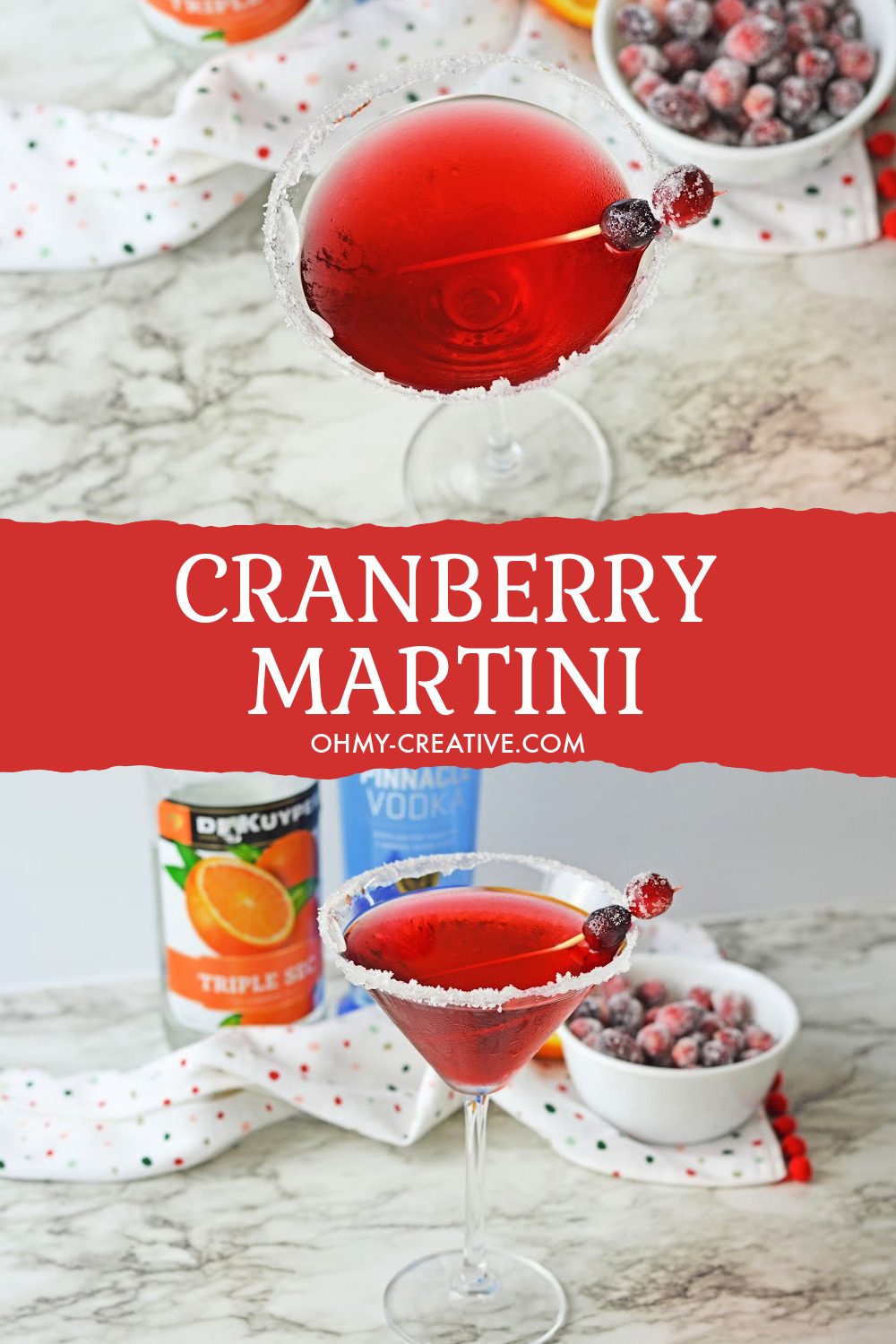 A cranberry martini with a sugar rim garnished with a skewer of sugar coated cranberries. Cranberry ingredients can be seen in the background.