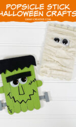 Two easy popsicle stick Halloween crafts - Frankenstein craft and a mummy craft laying on a white background.