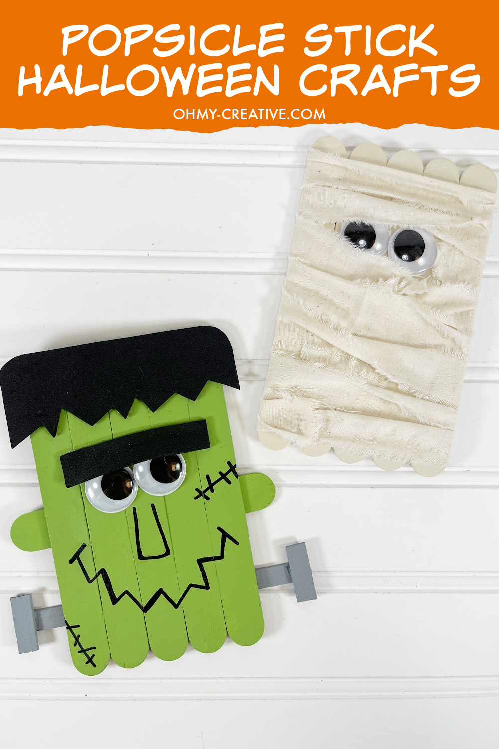 Two easy popsicle stick Halloween crafts - Frankenstein craft and a mummy craft laying on a white background.