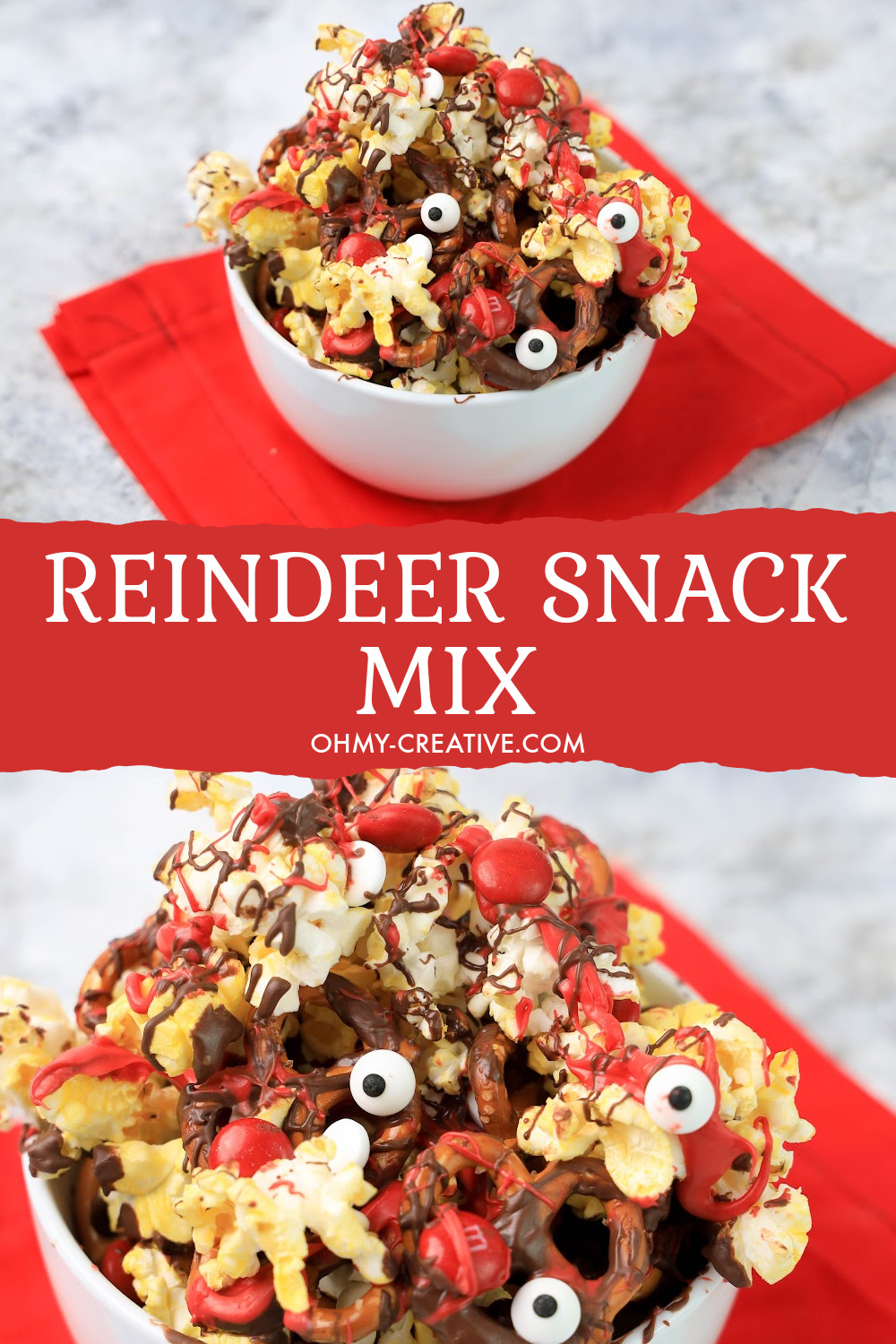 Colorful, festive, crunchy, and so sweet, reindeer snack mix will become one of your favorite Festive Christmas Desserts of all time. Here it is served in a white bowl.