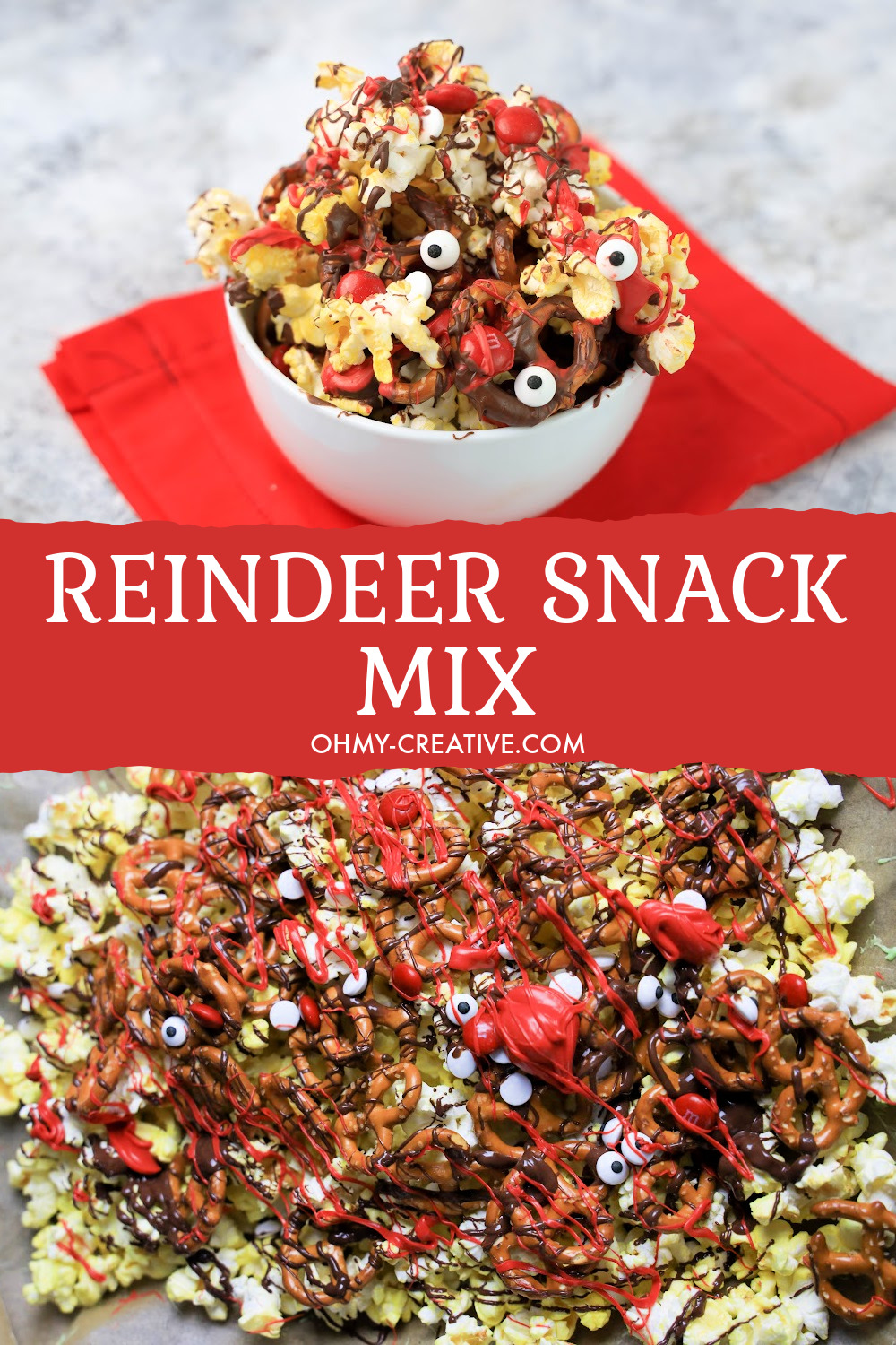 Colorful, festive, crunchy, and so sweet, reindeer snack mix will become one of your favorite Festive Christmas Desserts of all time. Served in a white bowl.
