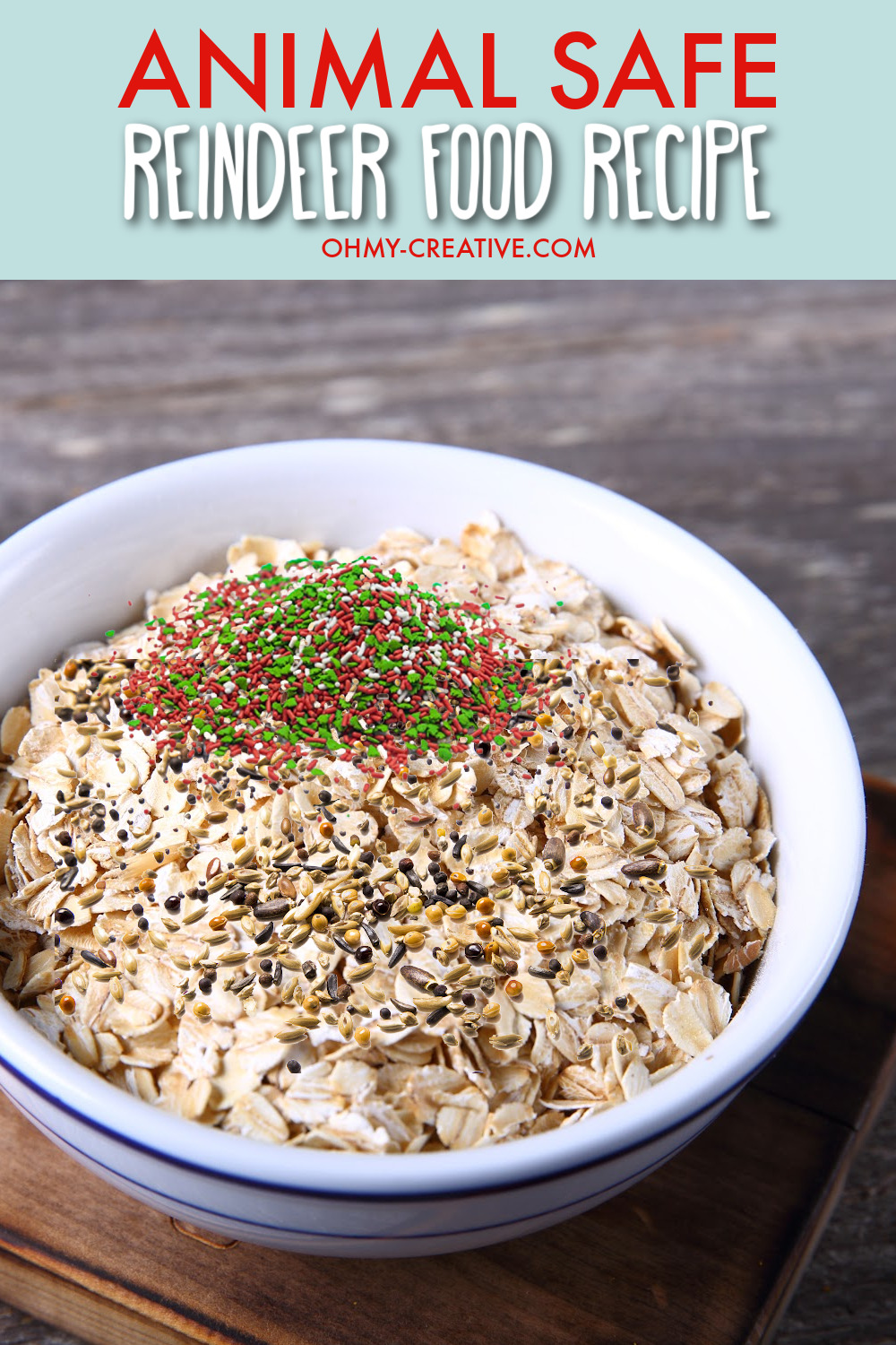 This reindeer food recipe is simple to make and will keep the animals happy and healthy during the holiday season. This bowl included oats, edible glitter, Christmas sprinkles and birdseed.
