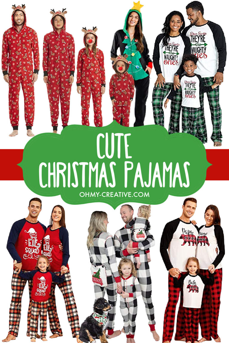 A collage of families and couples in matching cute Christmas Pajamas.