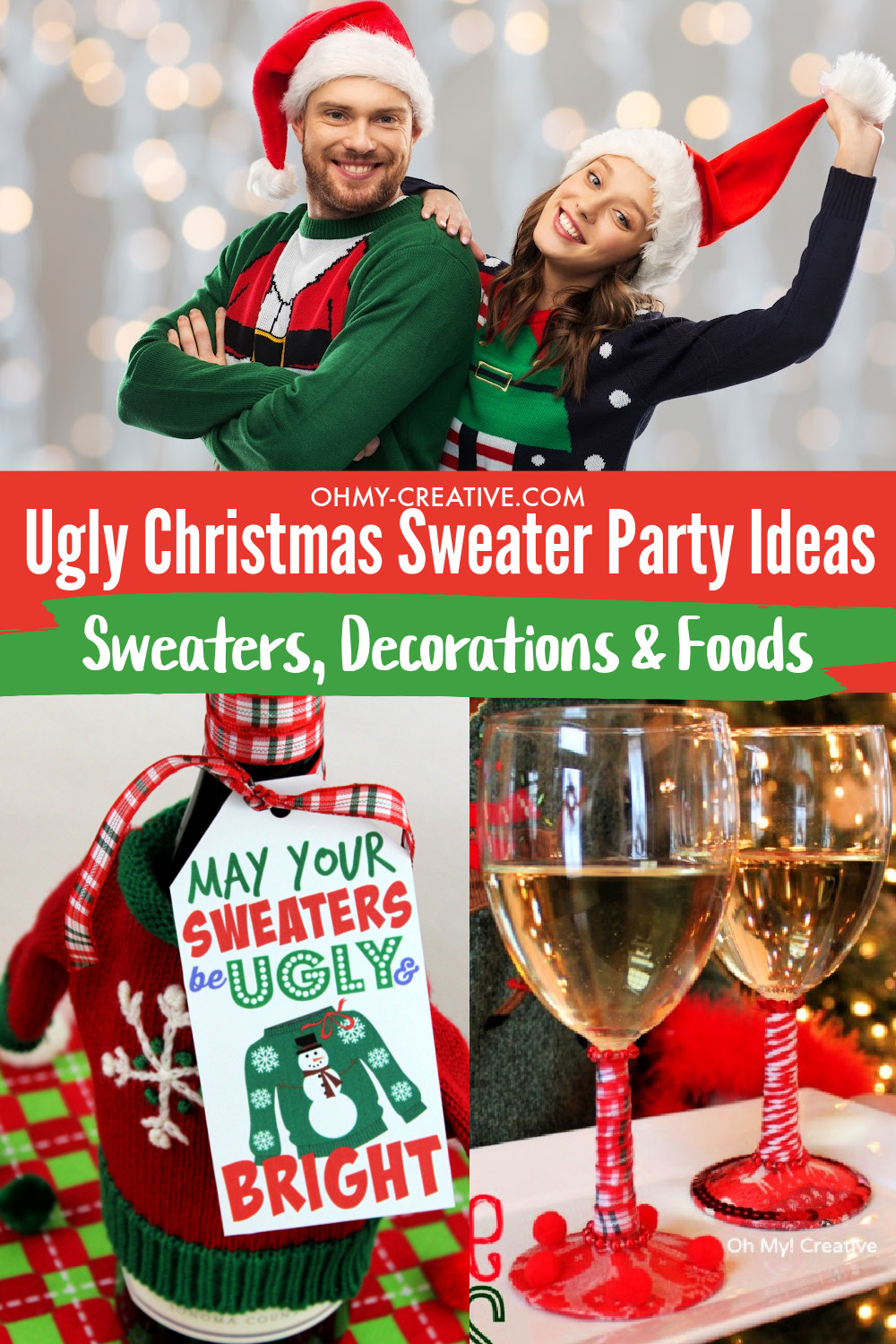 Great couples ugly Christmas sweaters, Christmas sweater party printable and ugly Christmas wine glasses.