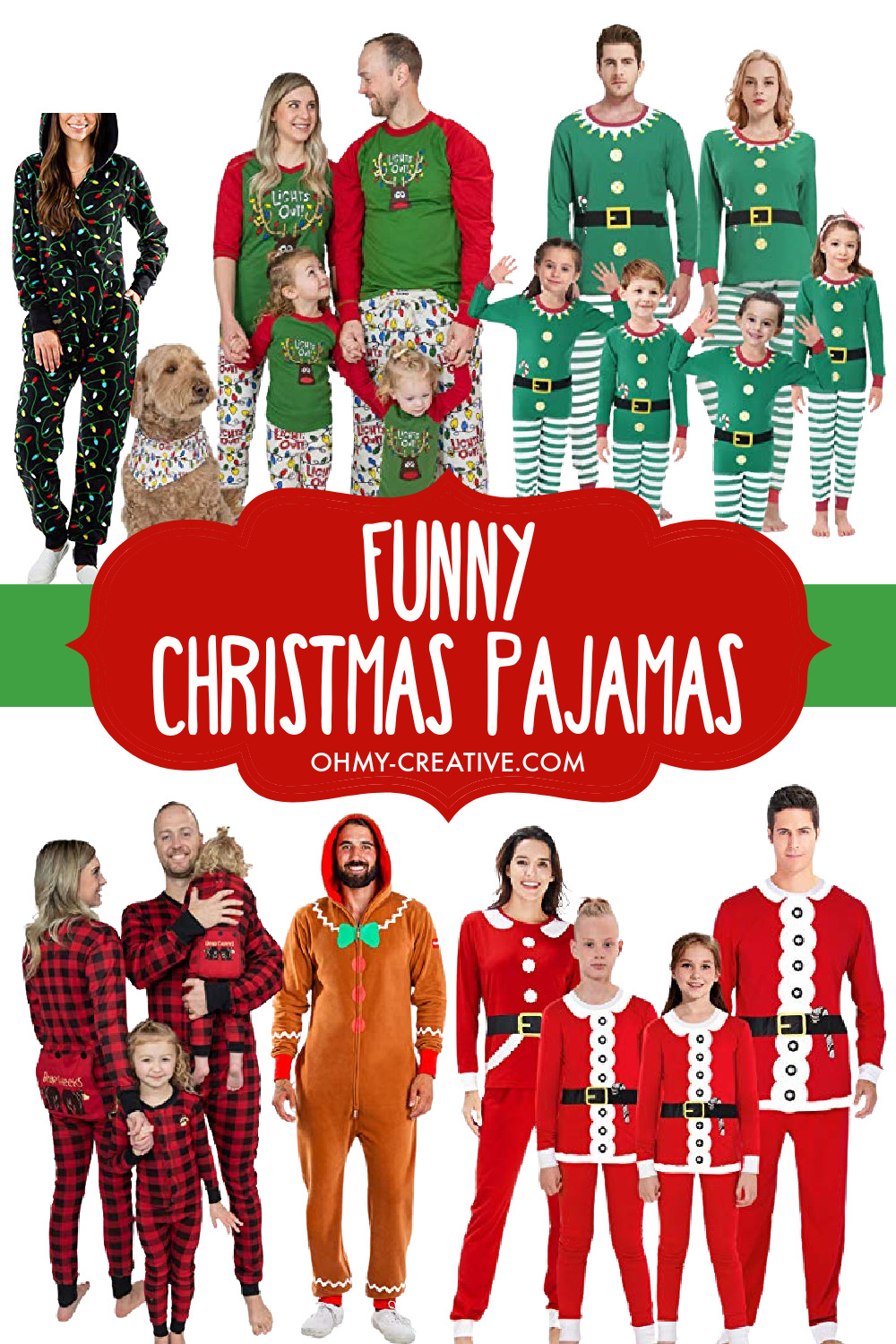 A collage of funny Christmas pajamas for families and men and women.