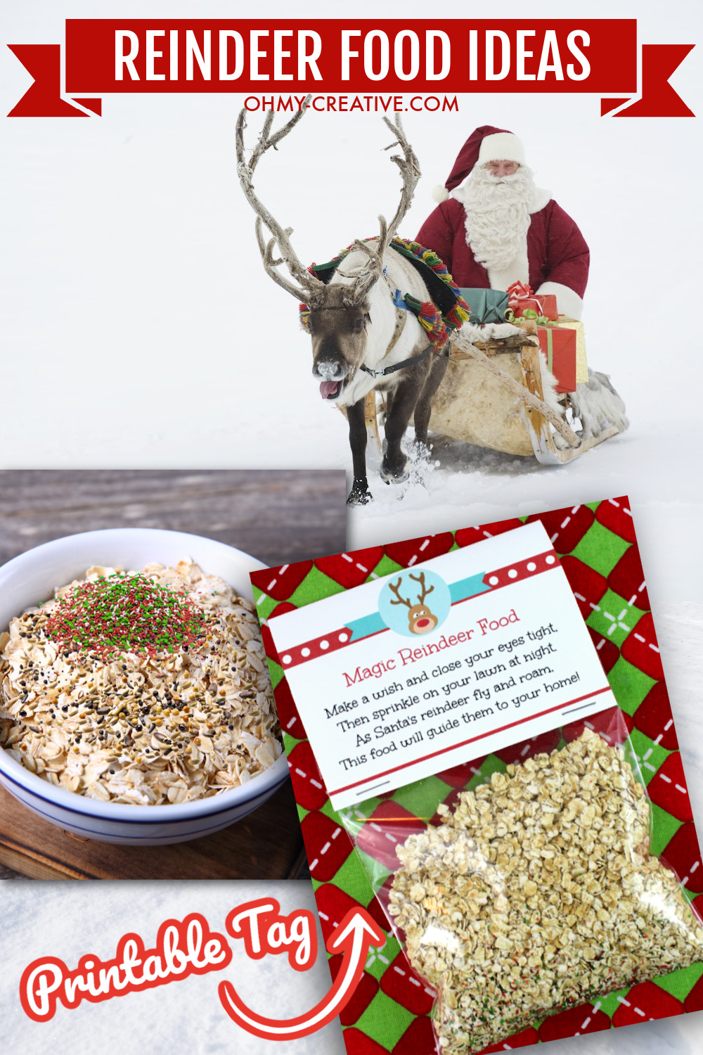Santa in his slay pulled by a reindeer with photos of magic reindeer food made in a bowl and in a bag.