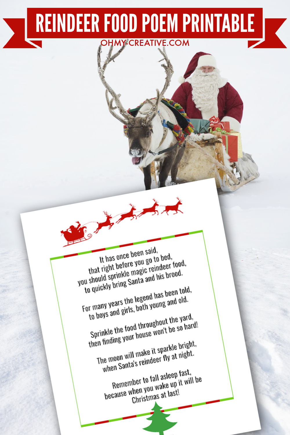 A free printable Reindeer Food Poem - a fun Christmas Eve Tradition! Santa is in the background on his sleigh pulled by a reindeer!