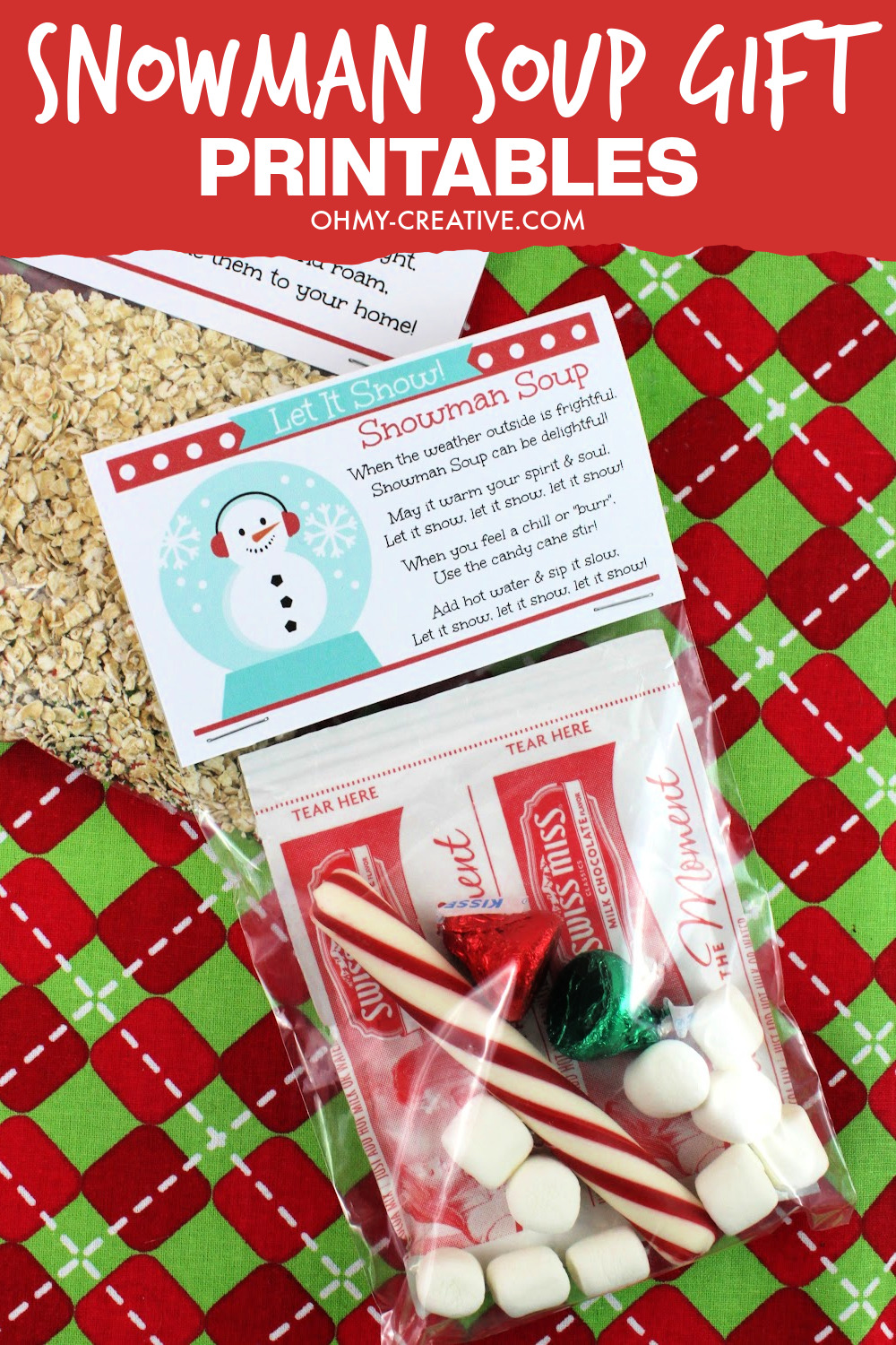 Snowman soup gift recipe with free printable on a red and green checked background. A great DIY Christmas gift!