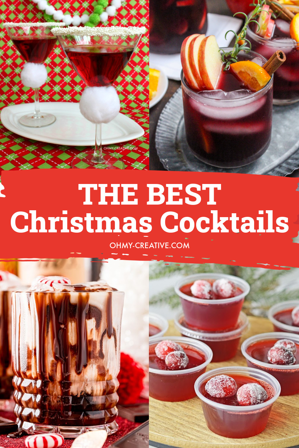 A collage of Christmas Cocktails including a Santa hat martini, cranberry jello shots, Christmas sangria, and peppermint cocktails.
