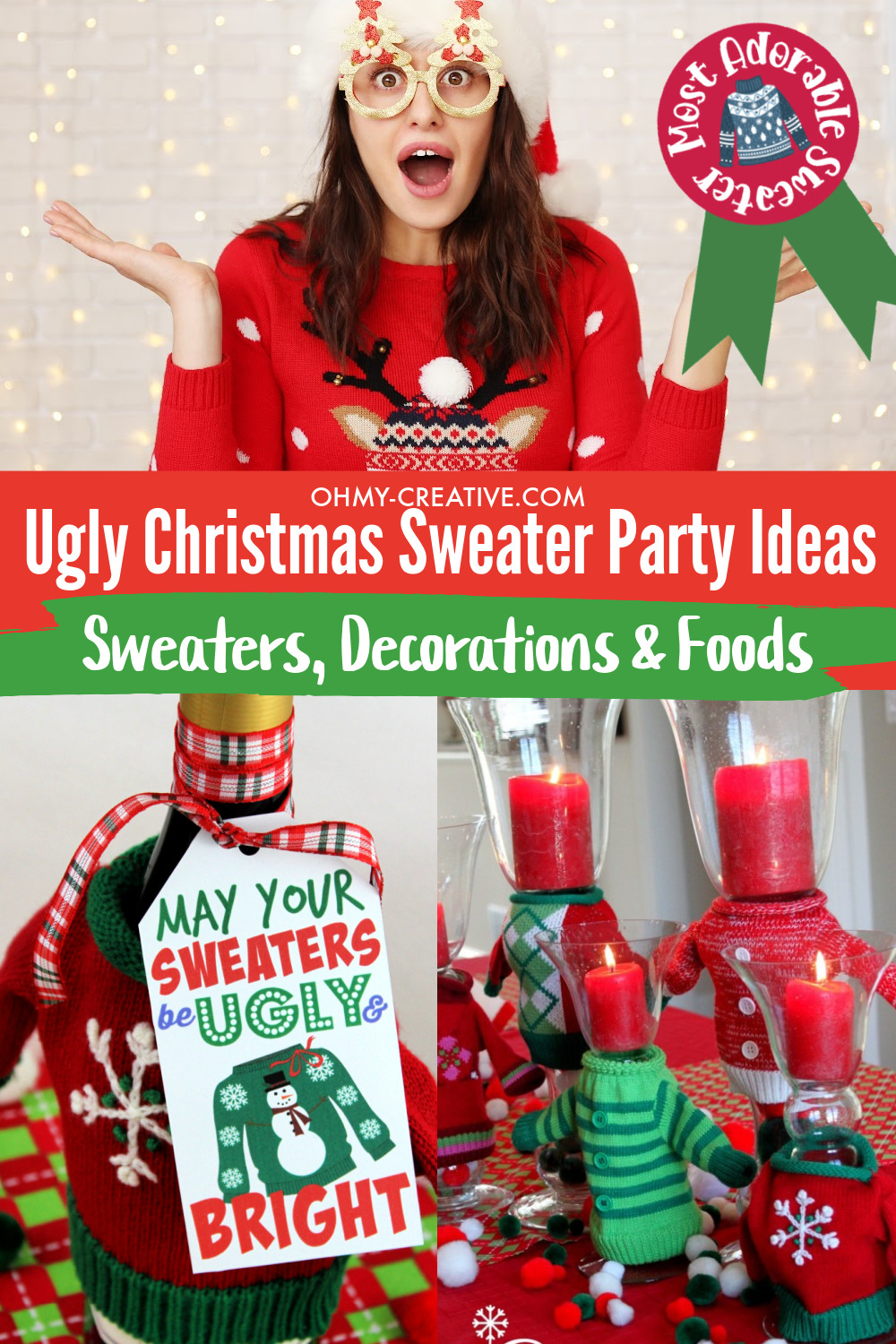 A collage of ugly Christmas party ideas including a cute women in a Christmas sweater and funny glasses, ugly Christmas party printable and sweater decorations.
