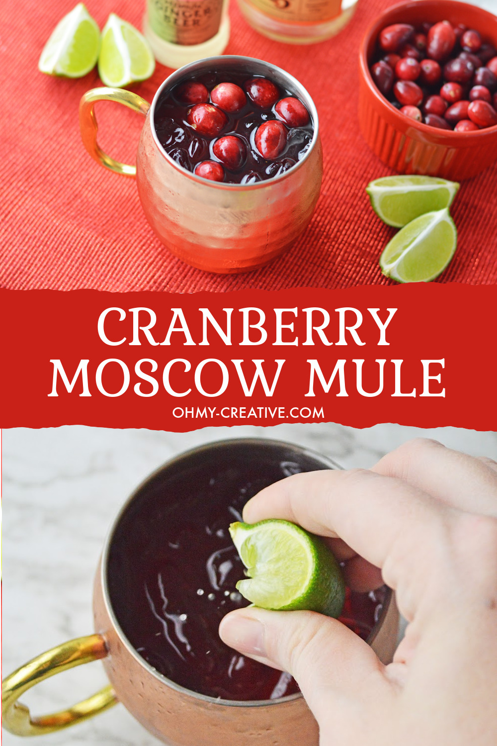 Fresh cranberries garnish this Christmas cranberry Moscow mule.