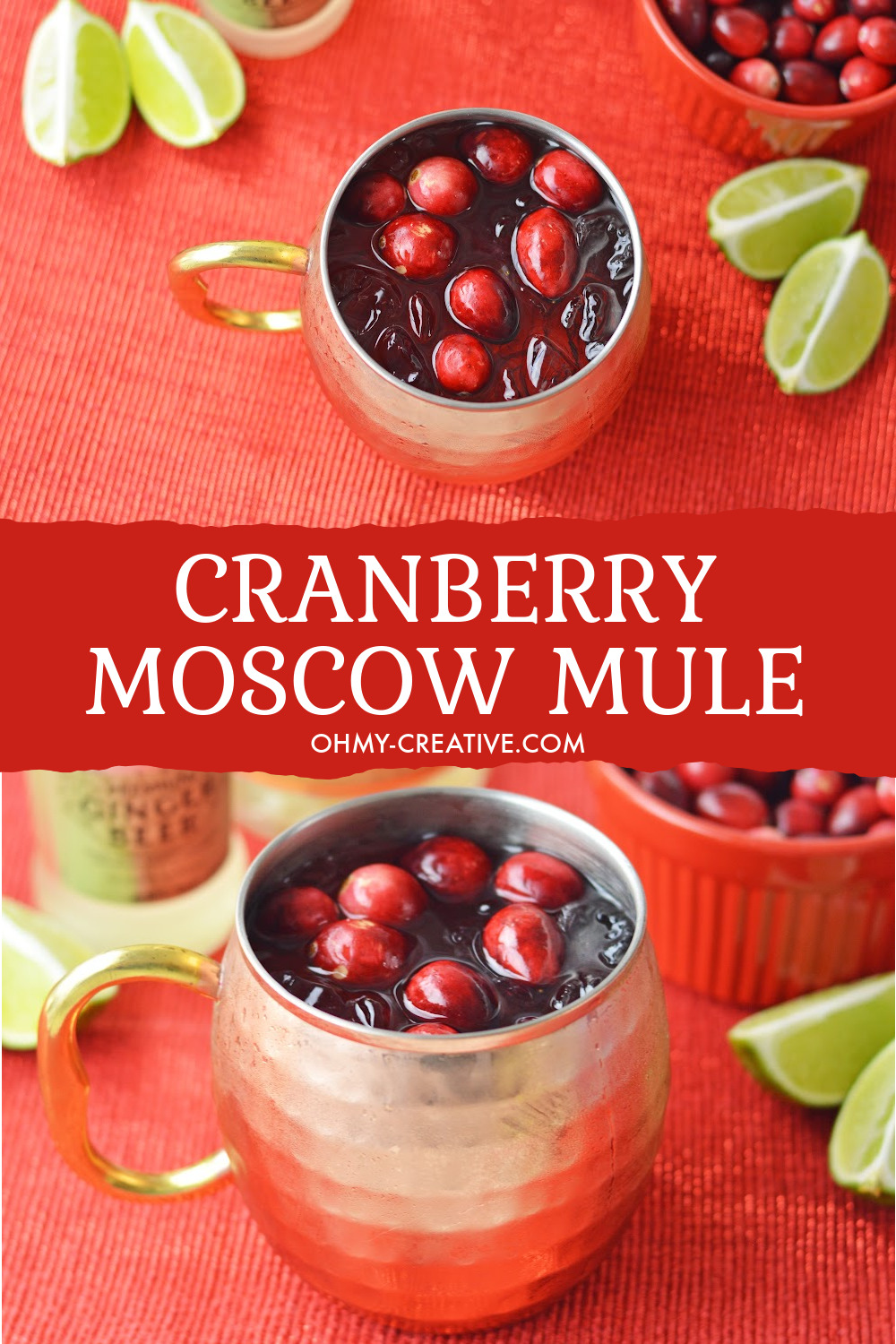 Fresh cranberries garnish this Christmas cranberry Moscow mule.