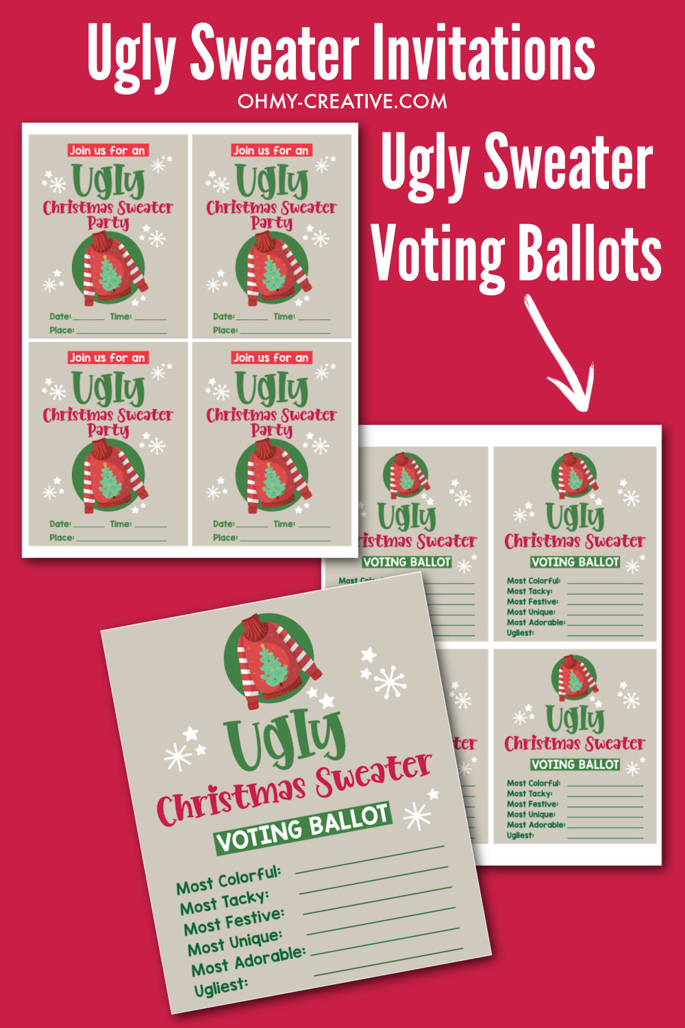 Ugly Christmas Sweater invitations and voting ballots.