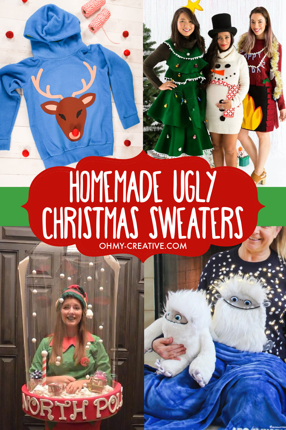 A collage of homemade ugly Christmas Sweaters.