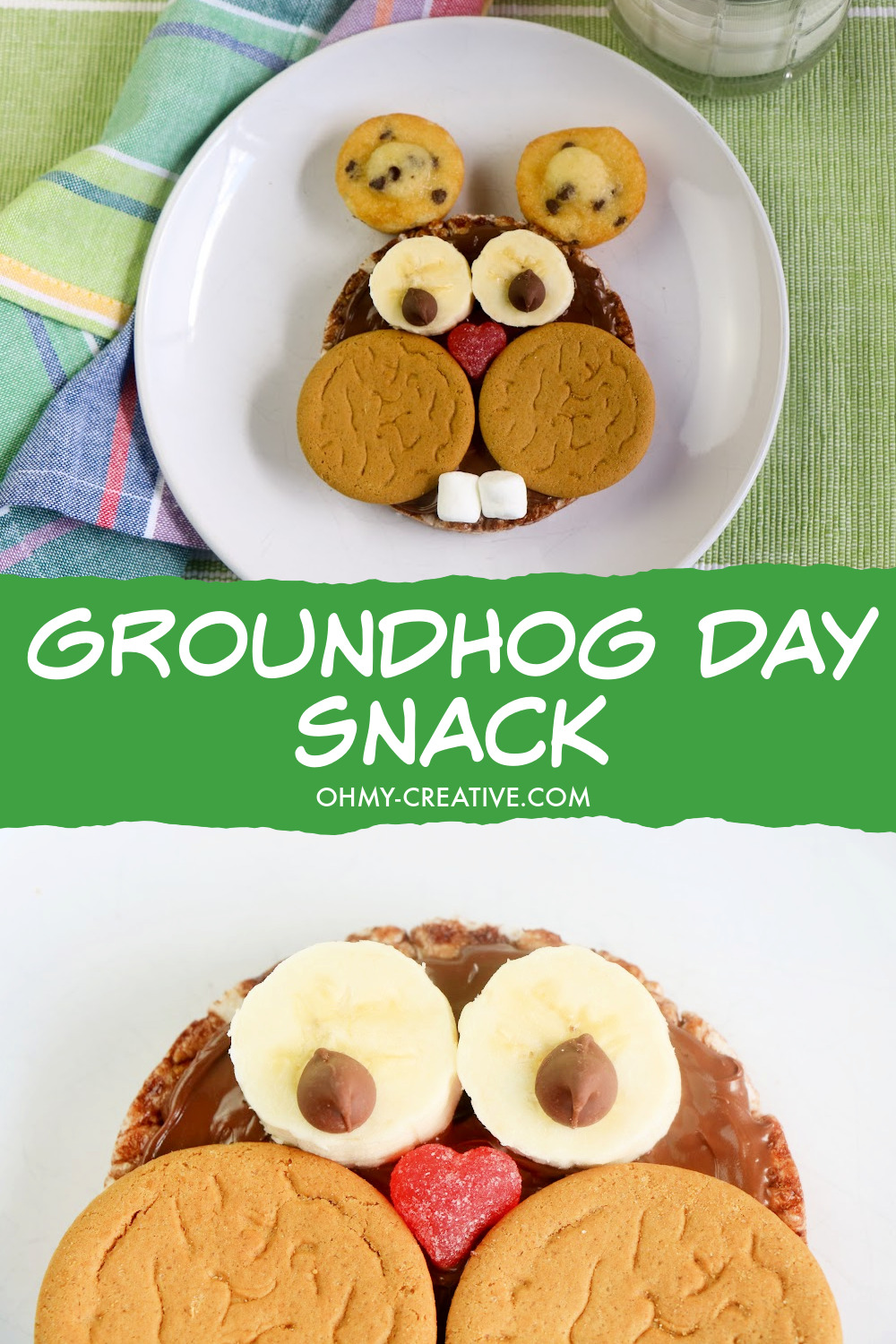 An adorable ground hog snack made with a chocolate rice cake and other treats.