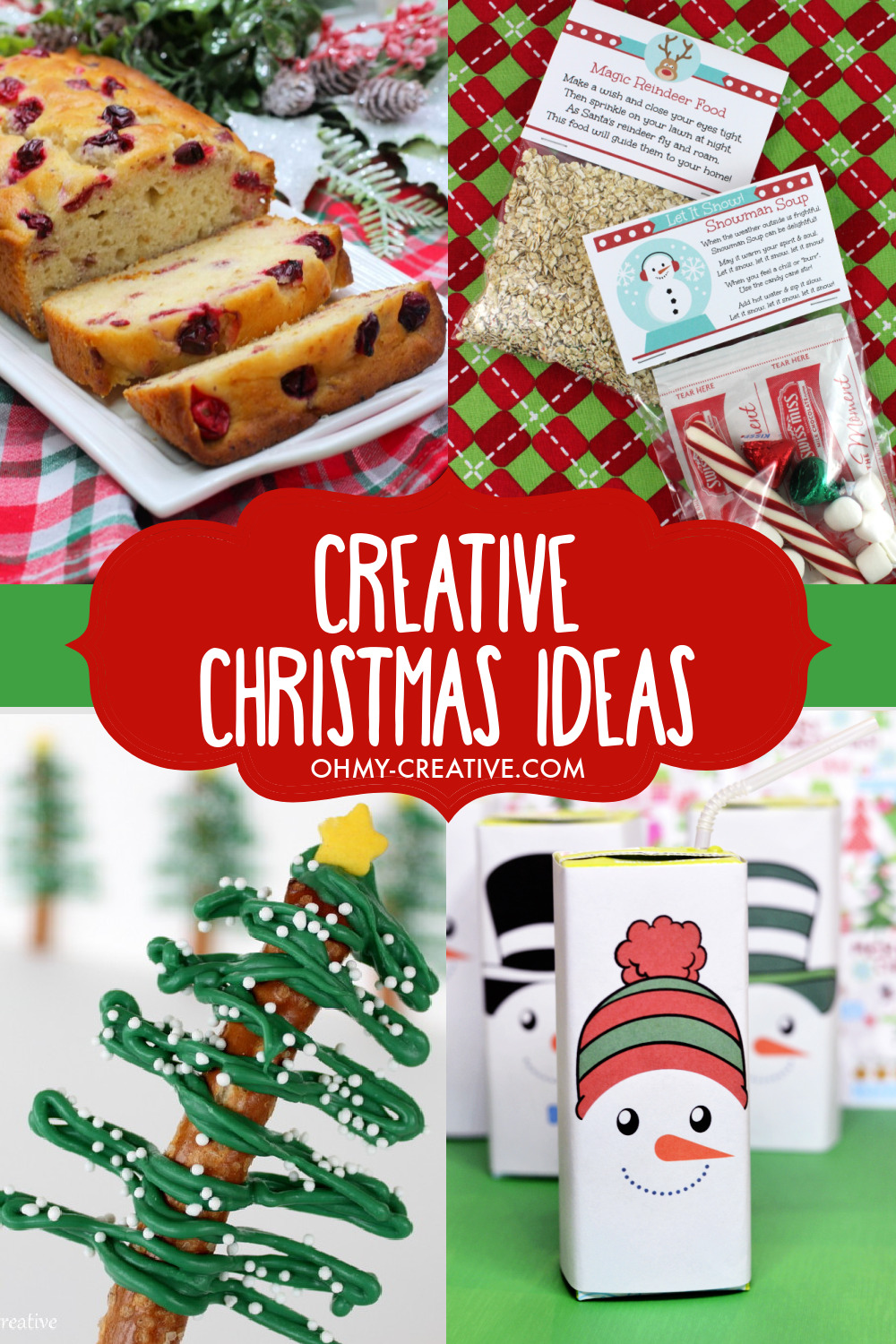 A collage of creative Christmas ideas including Christmas treats, desserts, Christmas crafts and Christmas printables.