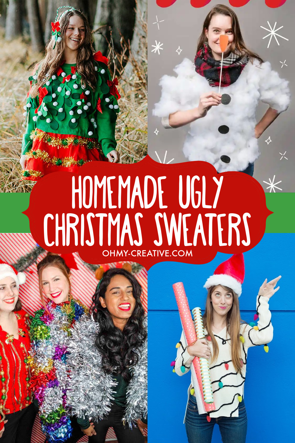 A collage of homemade ugly Christmas Sweaters.