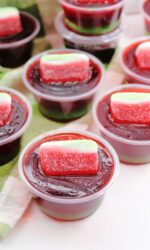These watermelon jello shots! With the perfect combination of sweet and tart. Layered with lime and watermelon jello!