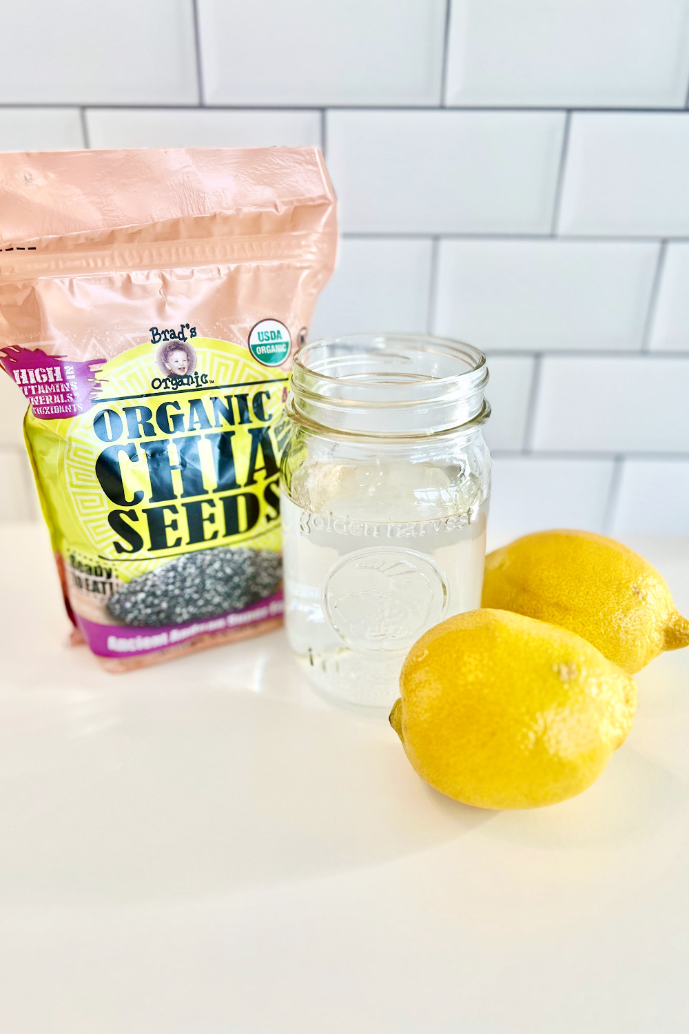 organic chia seeds, water, fresh lemon juice and raw honey are the ingredients to make lemon chia water.