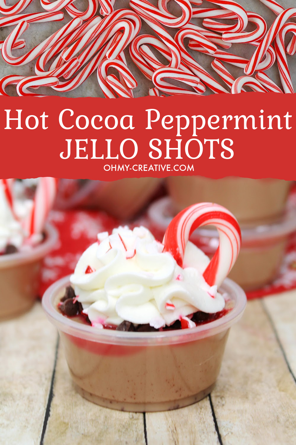 Flavors of hot chocolate and peppermint garnished with a mini candy cane are the perfect Christmas jello shot! The top photo is a background of mini candy canes. 