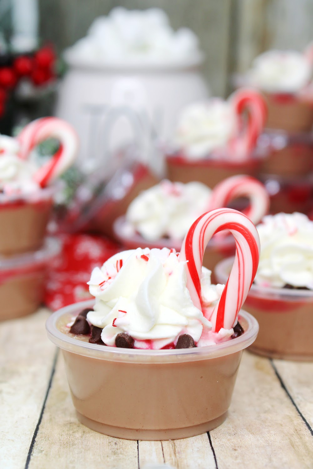 Flavors of hot chocolate and peppermint garnished with a mini candy cane are the perfect Christmas jello shot!