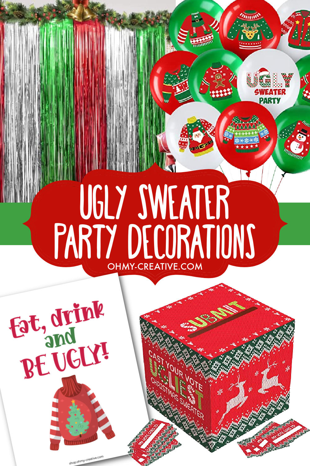 A collage of ugly sweater party decorations including a voting box, printable ugly sweater signs, tinsel wall backdrop and ugly Christmas sweater balloons.