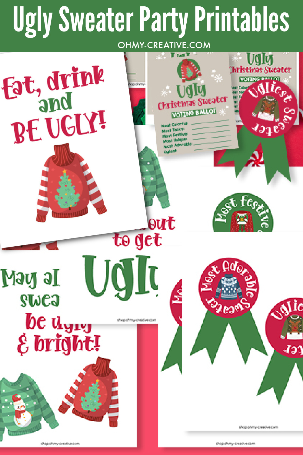 Included in the Ugly Sweater Party Printables is ugly sweater invitations, ugly sweater voting ballots, ugly Christmas sweater decorations and ugly Christmas sweater awards!