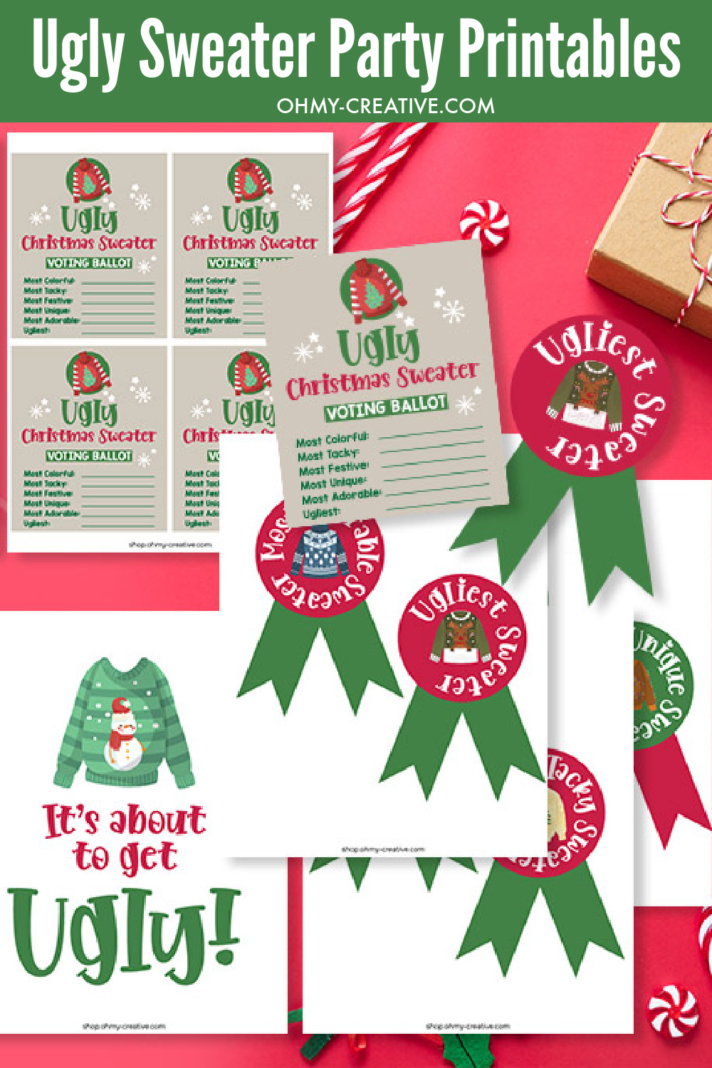 Included in the Ugly Sweater Party Printables is ugly sweater invitations, ugly sweater voting ballots, ugly Christmas sweater decorations and ugly Christmas sweater awards!