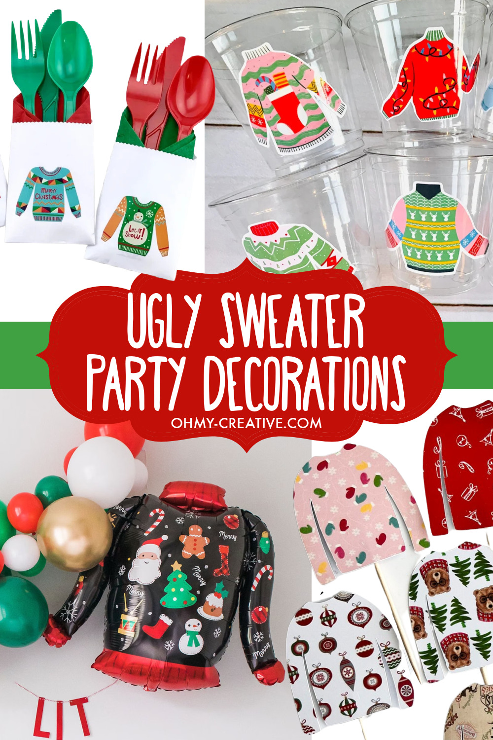 A collage of ugly sweater decorations including ugly sweater balloons, ugly sweater cups, ugly sweater party picks and utensil holders.