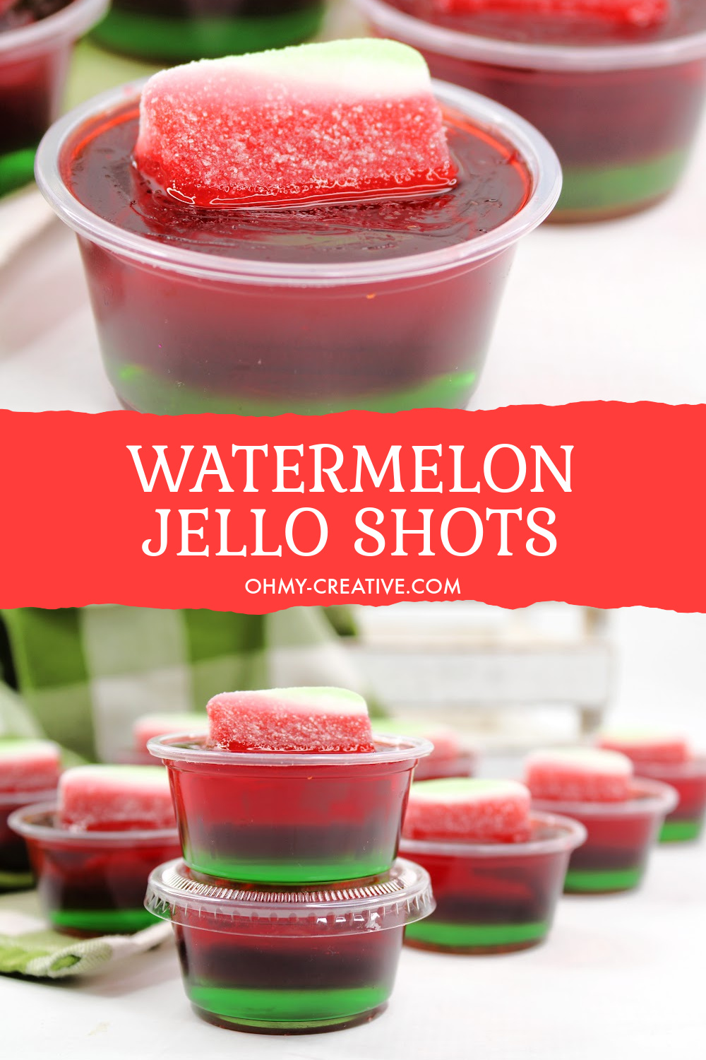 Stacked containers of watermelon jello shots! With the perfect combination of sweet and tart. Layered with lime and watermelon jello!