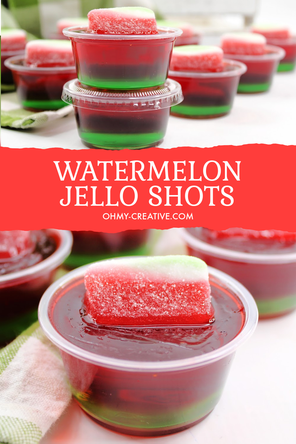 Topped with a watermelon gummy candy these watermelon jello shots! With the perfect combination of sweet and tart. Layered with lime and watermelon jello!
