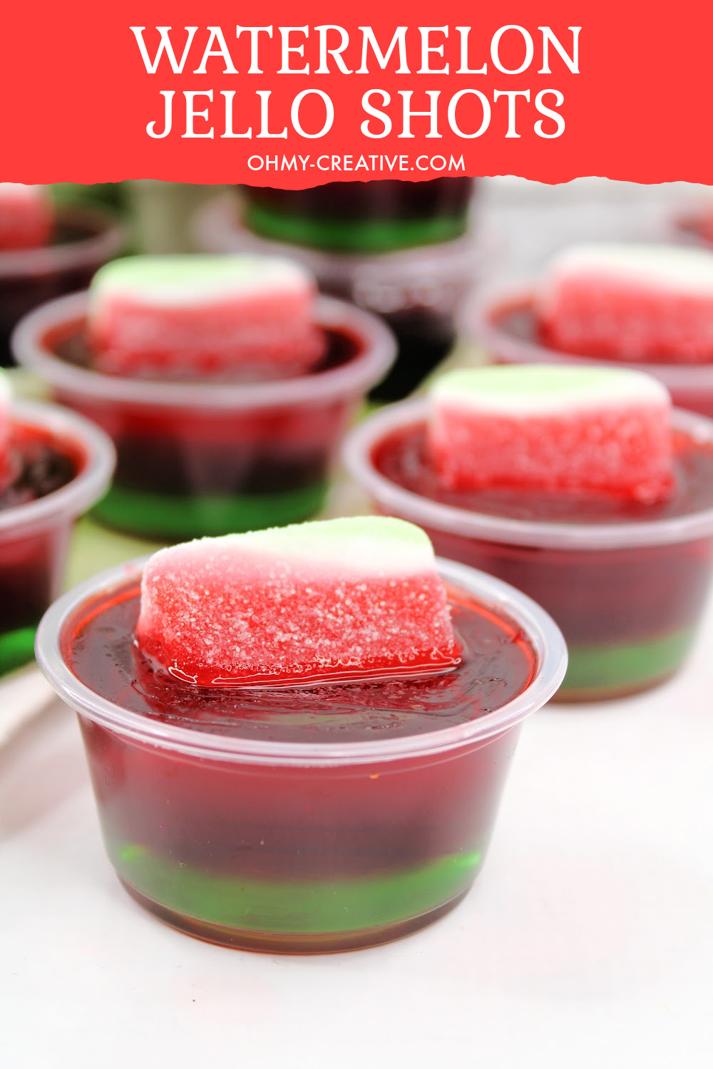 These watermelon jello shots! With the perfect combination of sweet and tart. Layered with lime and watermelon jello!