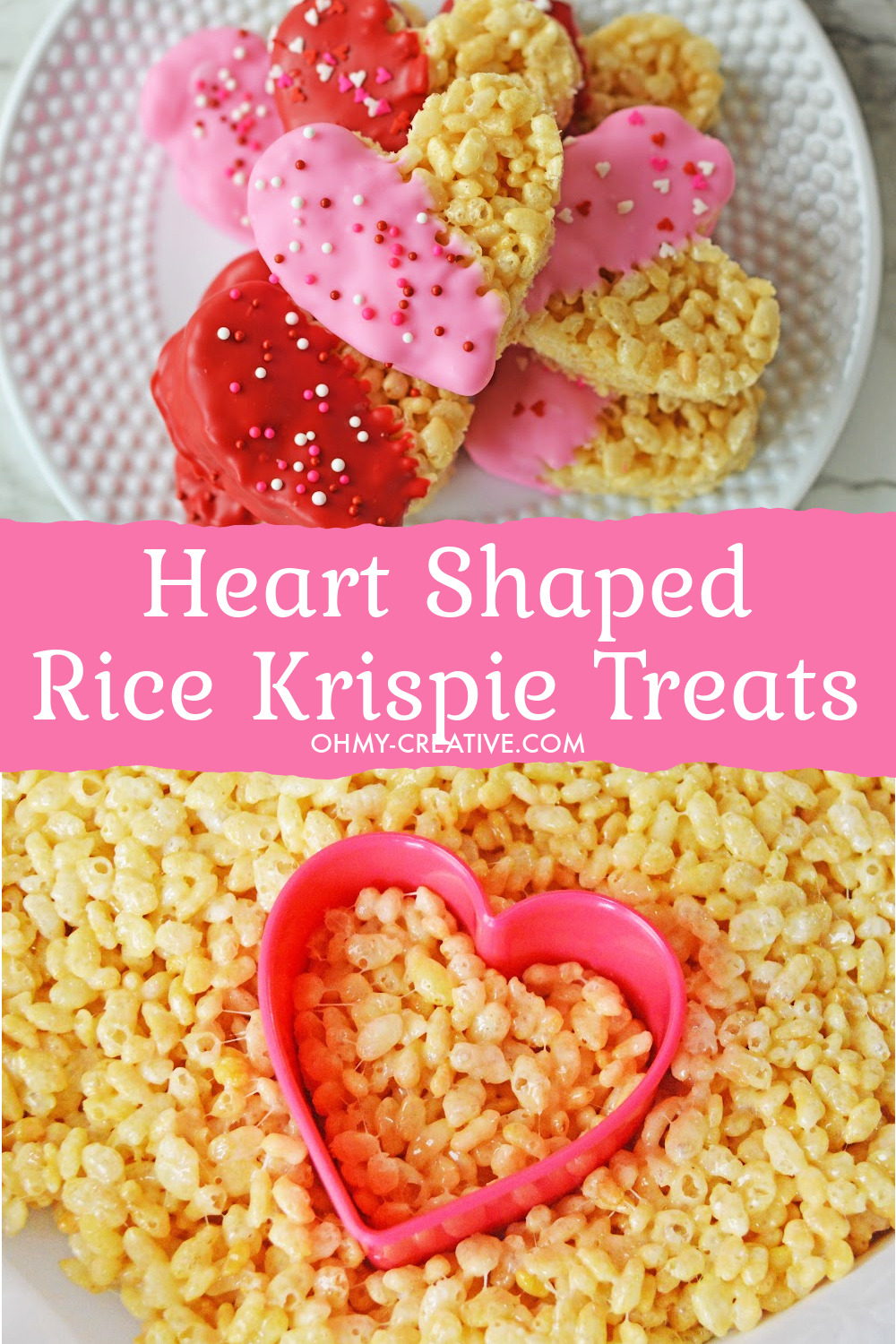 A white plate of heart shaped rice Krispie treats dipped in pink and red chocolate with sprinkles.