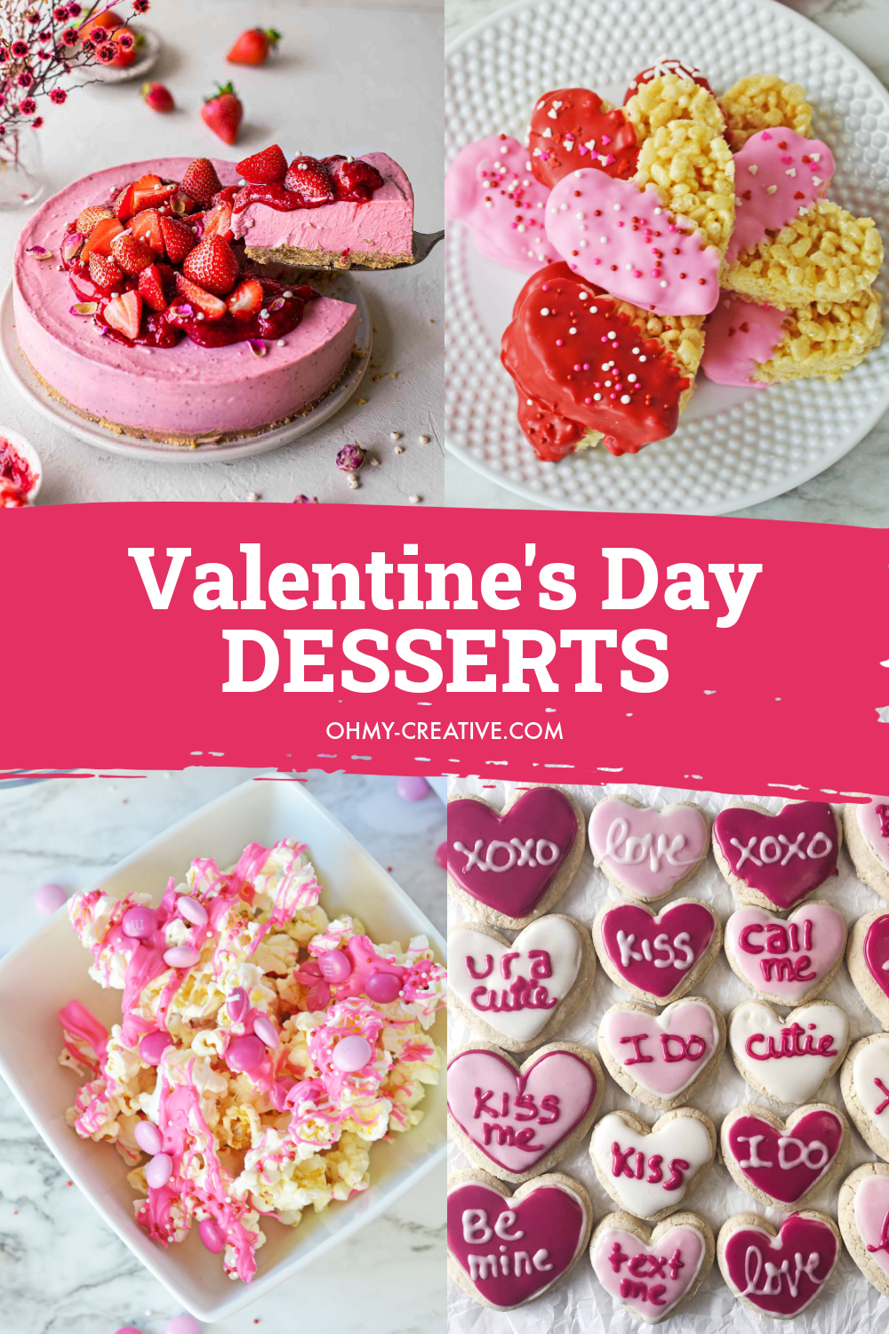 A collage of Valentine's Day desserts including cookies, cakes and pink popcorn.